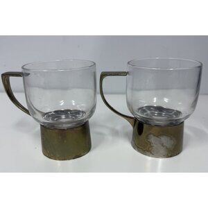 VINTAGE Mid Century Modern Glass Zarf Mugs With Metal Holders MCM Retro Barware